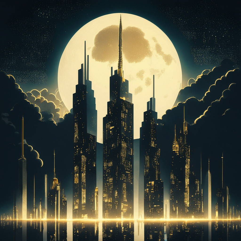 A moonlit financial cityscape at dusk, sky filled with shadowy digital clouds hinting shapes of Bitcoins. A glowing golden thread leads to a colossal safe, standing monolithic in the center, mysteriously dwarfing skyscrapers. Included are subtle representations of ever-watchful onlookers filled with intrigue, a nod to the cryptic environment of the virtual financial world.