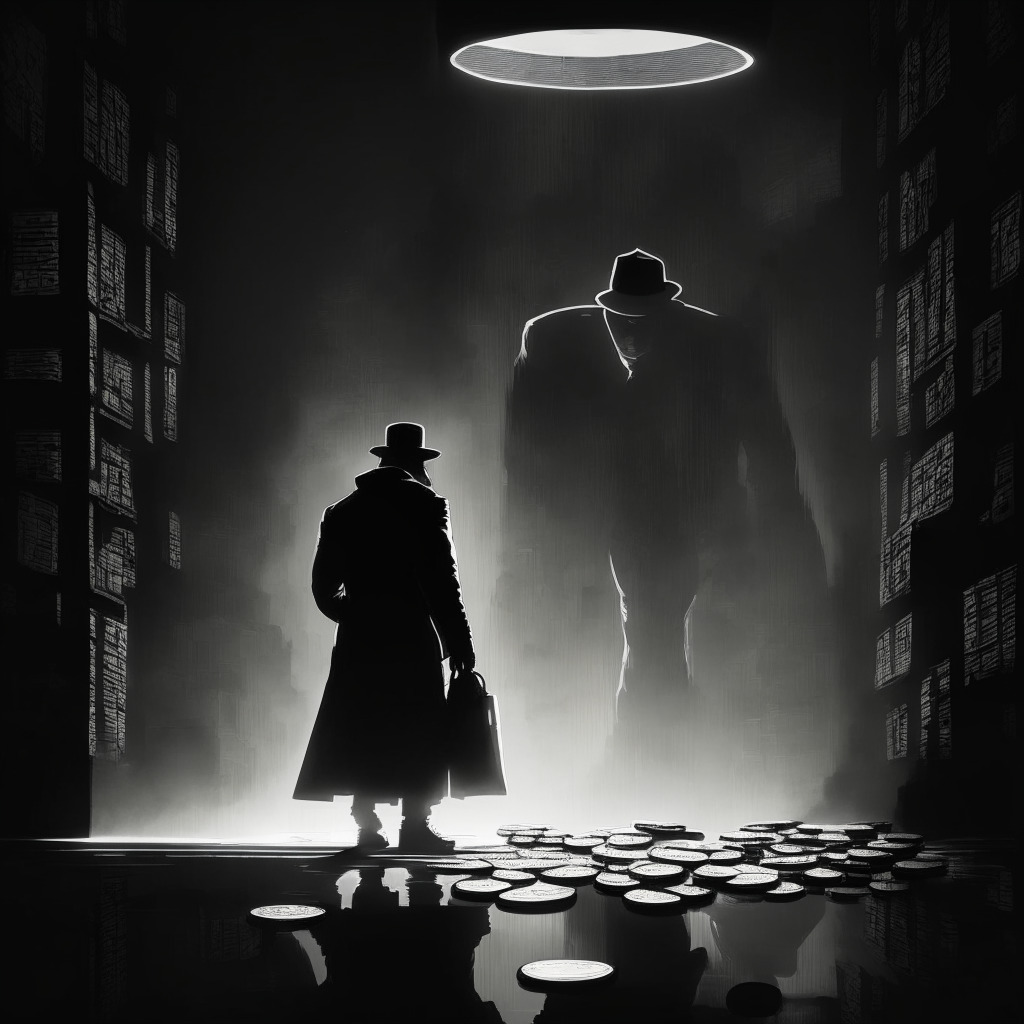 An enigmatic figure in the shadows amassing a trove of bitcoins, third-largest Bitcoin wallet glowing brightly, futuristic exchange vaults in the background. Evening shadowy ambience, noir artistic style, under dramatic, high-contrast lighting. Mysterious, speculative mood with a hint of intrigue and suspense.