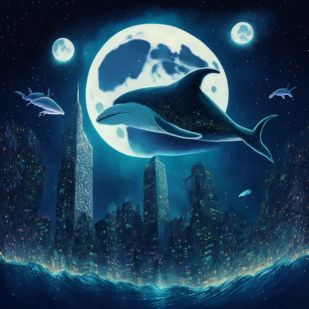 Mysterious whale diving into a sea of digital tokens under a dimly lit moon, symbolizing the colossal venture in fiery meme coin presale. Token coins sparkle with the vibrancy of success, amidst a community of ordinary investors positioned against towering skyscrapers. Scene exudes an atmosphere of cryptic intrigue and daring audacity in a surrealistic style.