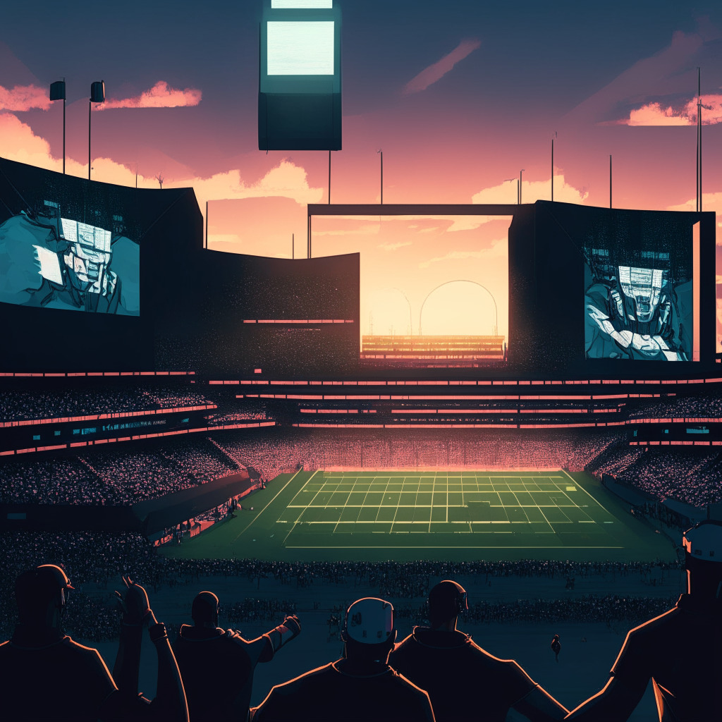 Dusk setting over a technologically advanced football stadium with digital billboards, pixelated sports fans cheering wildly. Centerpiece is a dueling pair of powerfully built, futuristic football players, exuding a sense of competition. Art style leans towards a blend of realistic and graphic novel. Tension, excitement, and anticipation fills the air, resonating a mood of a grand revolution underway. Game cards are subtly integrated, adding a sense of intrigue.