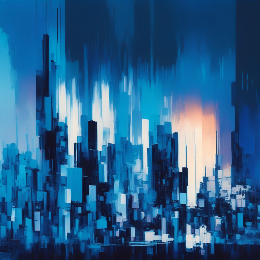 An abstract financial landscape at dusk, painted in an impressionist style, capturing the essence of a digital market in falling motion. Subtle hues of blues indicating the slump in NFT market. Punctuations of bright, hopeful colors to suggest a silver lining and emerging new projects, all under a dreamy, on-setting twilight sky.