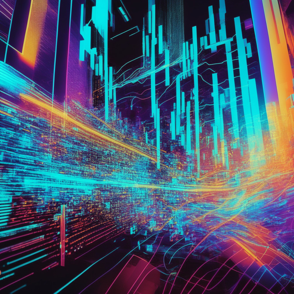 A luminous image of a digitally abstracted, futuristic stock exchange, bustling with activity under swirling neon skies filled with data streams. Accentuated with edges of sharp modernist aesthetics, the image emits an electrifying vibrancy, signifying rapid change and novelty. The frame is imbued with a tinge of uncertainty, a nod to the regulatory challenges within. A subtle visual narrative encapsulates the engaging transition from physical to digital currency.