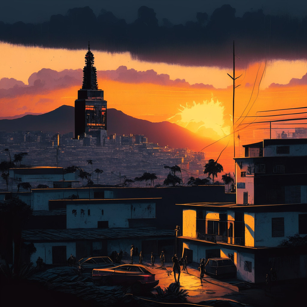 Sunset on El Salvador cityscape view with iconic architecture, depicting the changing financial landscape. Innovation symbolised by a Bitcoin inspired, lightning-emitting ATM integrated subtly into the scene. Indistinct figures in conversation, representing the active discourse in the city. Overall mood is hopeful yet fraught with challenges, painted in dark hues, with rays of warmth.