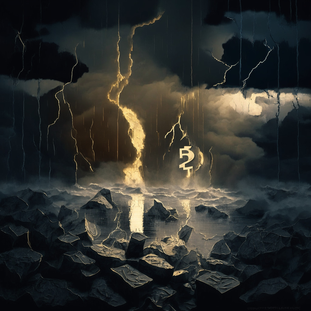 A turbulent crypto market under sombre dusk lighting, embodying fluctuation, uncertainty, and tension. Two key characters, Bitcoin and Ethereum, are portrayed, weathering a storm, their gold and silver hues muted and muted, indicating an overstretched market. Below them, a fractured landscape represents decentralized platforms' vulnerabilities, with pockets of shadow symbolizing security breaches. In the distance, a sliver of sunrise cuts through the storm, embodying cautious optimism and a hopeful rally. The artistic style is reminiscent of a dramatic baroque landscape painting, adding an atmosphere of grandeur and urgency.