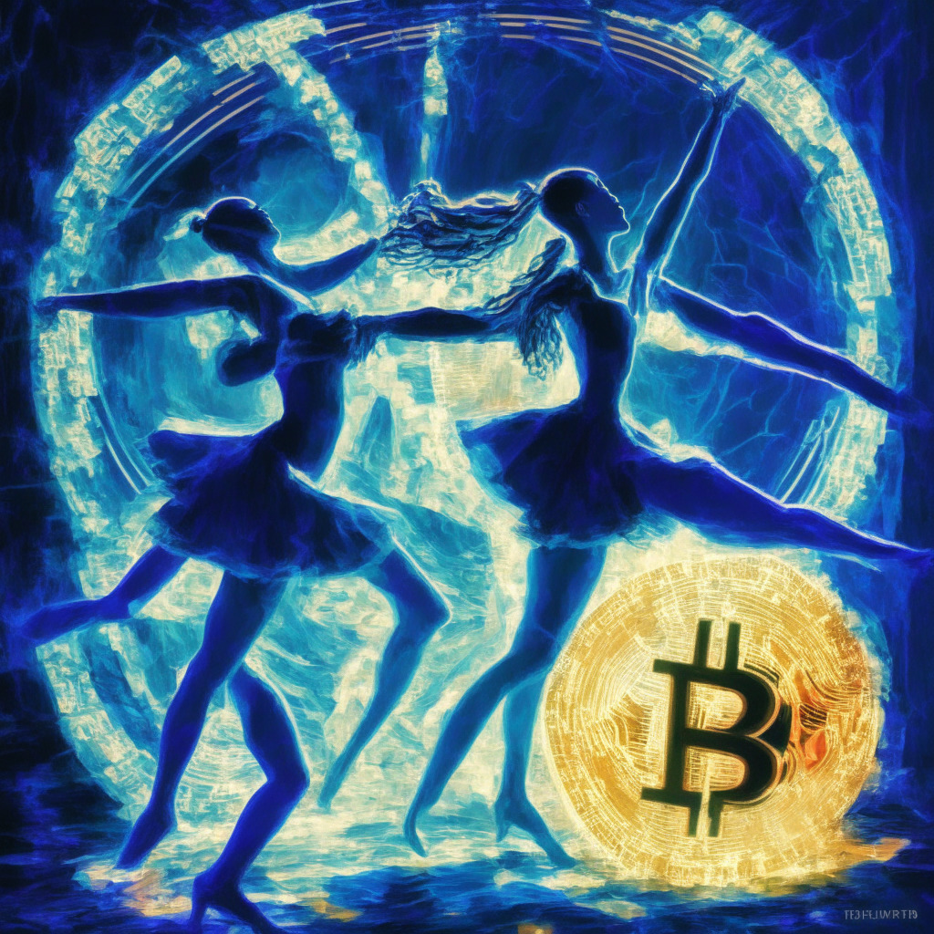 Abstract representation of cryptocurrency market trends and traditional finance, Bitcoin and U.S. inflation-adjusted bond yield portrayed as dancers locked in a dynamic duet. Under an expressive, impressionistic style, depict dramatic shifts in their synchrony. Illuminate the scene with fluctuating light symbolizing the market's volatility. The mood is tense and uncertain, reflecting the unpredictable financial landscape.