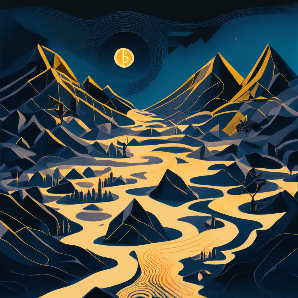 An abstract, surrealist landscape representing the Bitcoin trajectory. The background subtly fading from early morning light to dusk, symbols of fluctuation highs and lows in undulating terrain. The path ahead, a glowing trendline dipping at several points, a bear trap in foreground, a looming dark shadow hinting potential risks. The dominating palette of blues and golds sets a contemplative, cautiously optimistic mood.