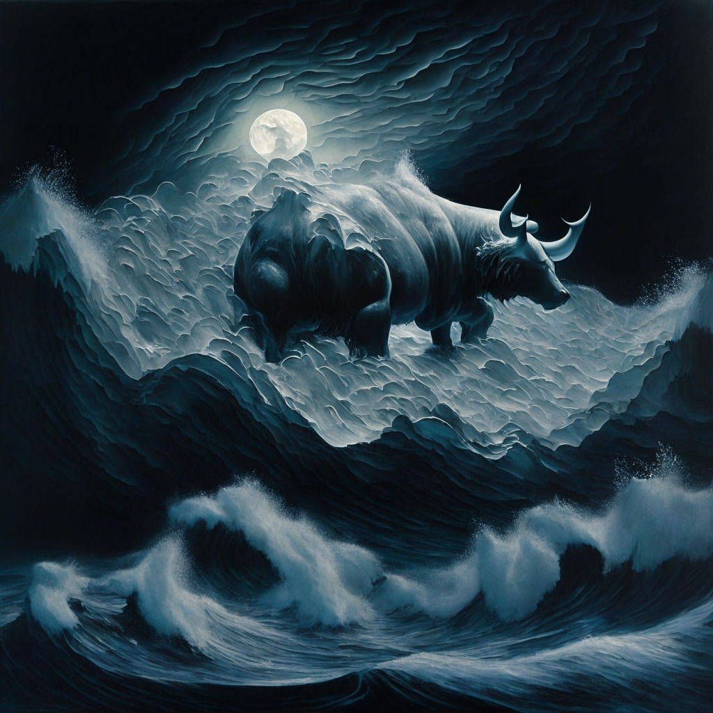 Abstract representation of a turbulent ocean, illuminated by silvery moonlight, depicting an atmosphere of tension. Waves rise to the height of a $28,000 symbol, steadfast against a whirlwind formed by numerous bear figures. Strong architectural foundations, symbolic of support structures, just beneath the surface. A lone bull stands firm on the significant $28,000 mark, looking defiant and calmly optimistic. Artistic style: vivid, with baroque influences to catch the intricate details.