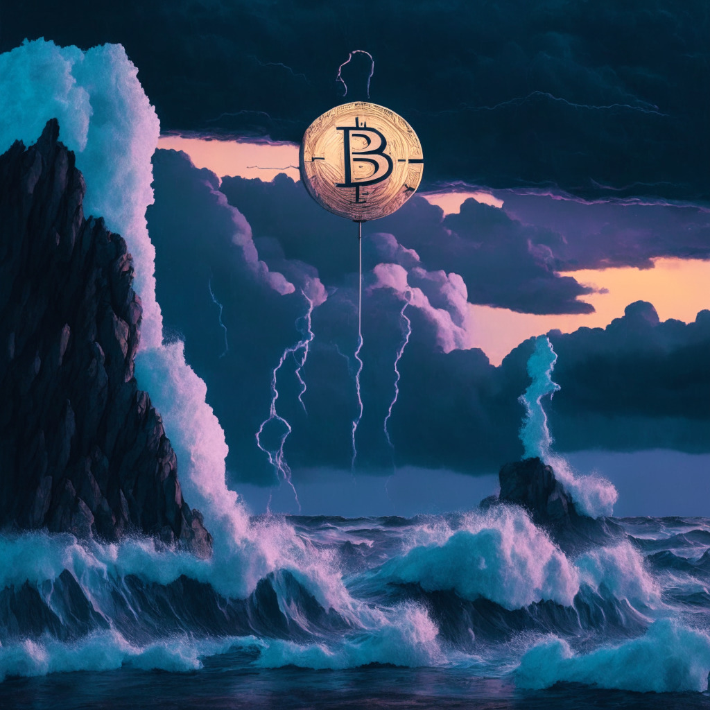 A tense scene in a surrealistic, vaporwave style, a strained Bitcoin embarks on an electronic sea, balancing precariously on a digital cliff, symbolizing its price at $29,400. Gentle twilight light softens the image, underlying uncertainty and anticipation. Two stormy clouds, one depicting a massive countdown clock to April 26, 2024, the other a SEC document, signaling upcoming major events. A rising wave marked with a 3.2% symbolizes inflation. Filtered with a dreamy, pastel undertone to give a feeling of caution.