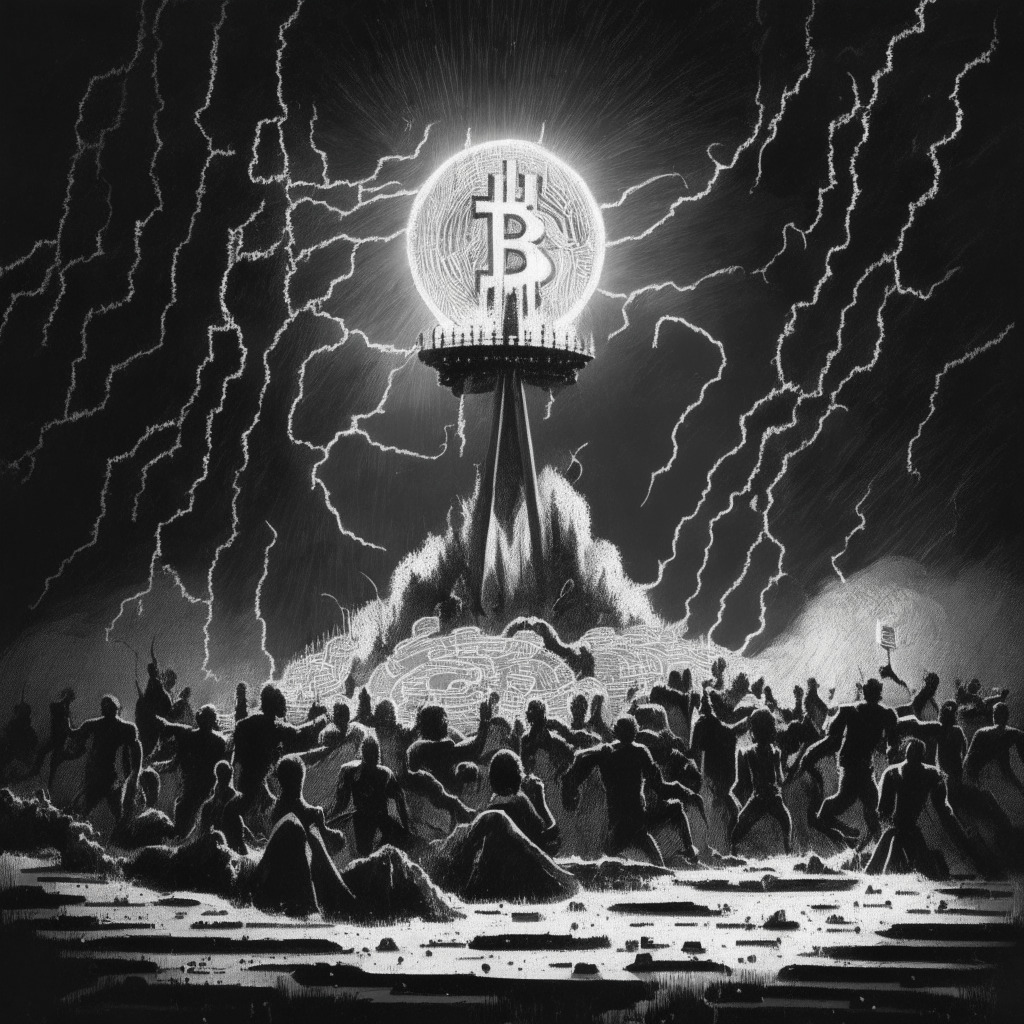 A dramatic scene of a roller coaster symbolizing Bitcoin's price fluctuations amidst a monochrome market. Lightning strikes symbolizing the SEC's regulatory restrictions, bathes the market in an eerie, unsettling glow. Shadowy figures stand as representatives of investors, their faces a mix of resilience and uncertainty. A Hourglass somewhat buried in the sand depicts the fear of looming inflation. The overall image should be in german expressionism style, fraught with tension and anticipation.