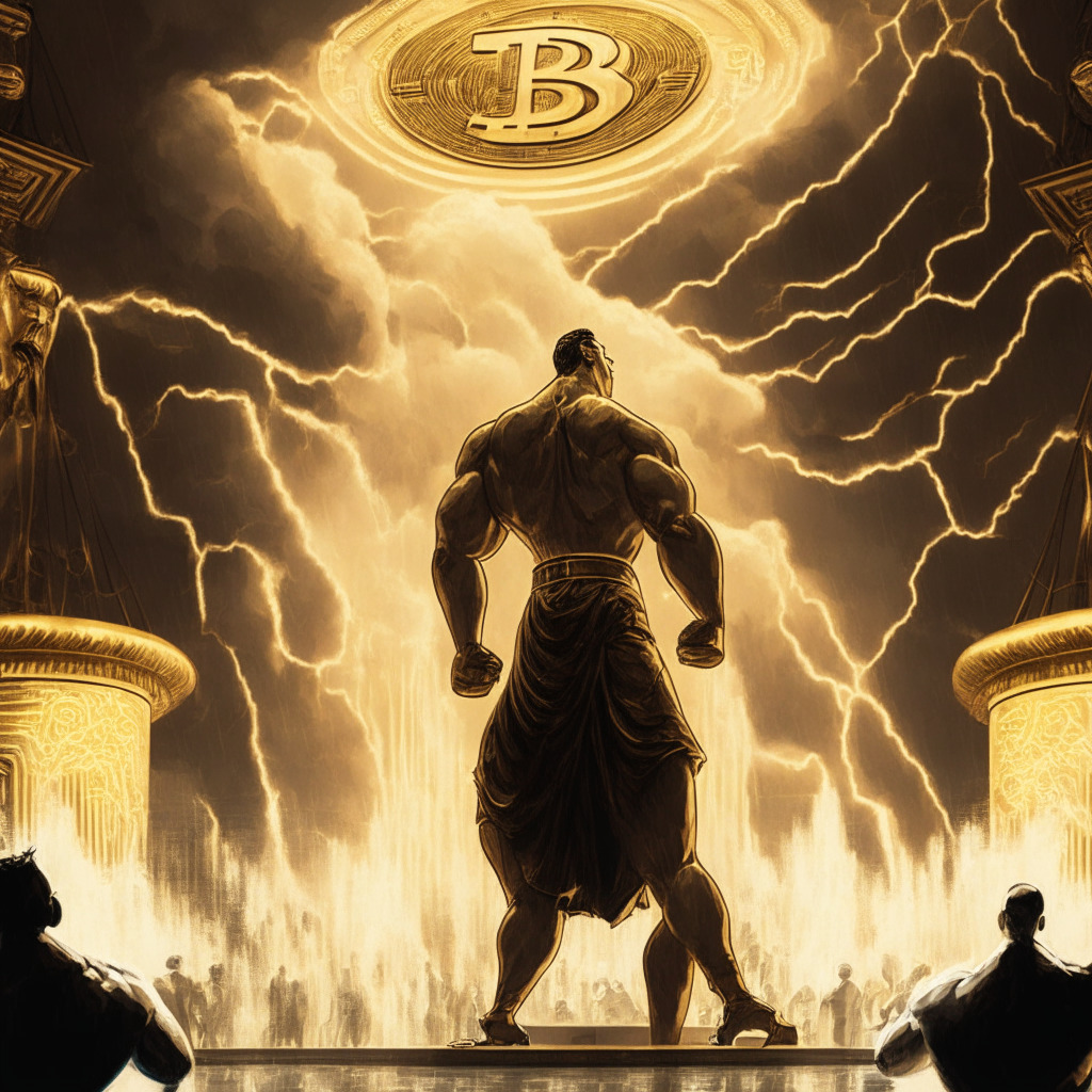 A stormy trading floor representing Bitcoin's volatile climate, a towering muscular figure embodying Dollar's strength looms in the foreground, overpowering Bitcoin, symbolized by a golden roller coaster, in the back. Intense light portrays suspense, chiaroscuro lighting adds drama. Imposed is a giant screen suggestive of ETF approvals, frenzied traders anticipating the NFP report. Overall mood: uncertainty, tension.
