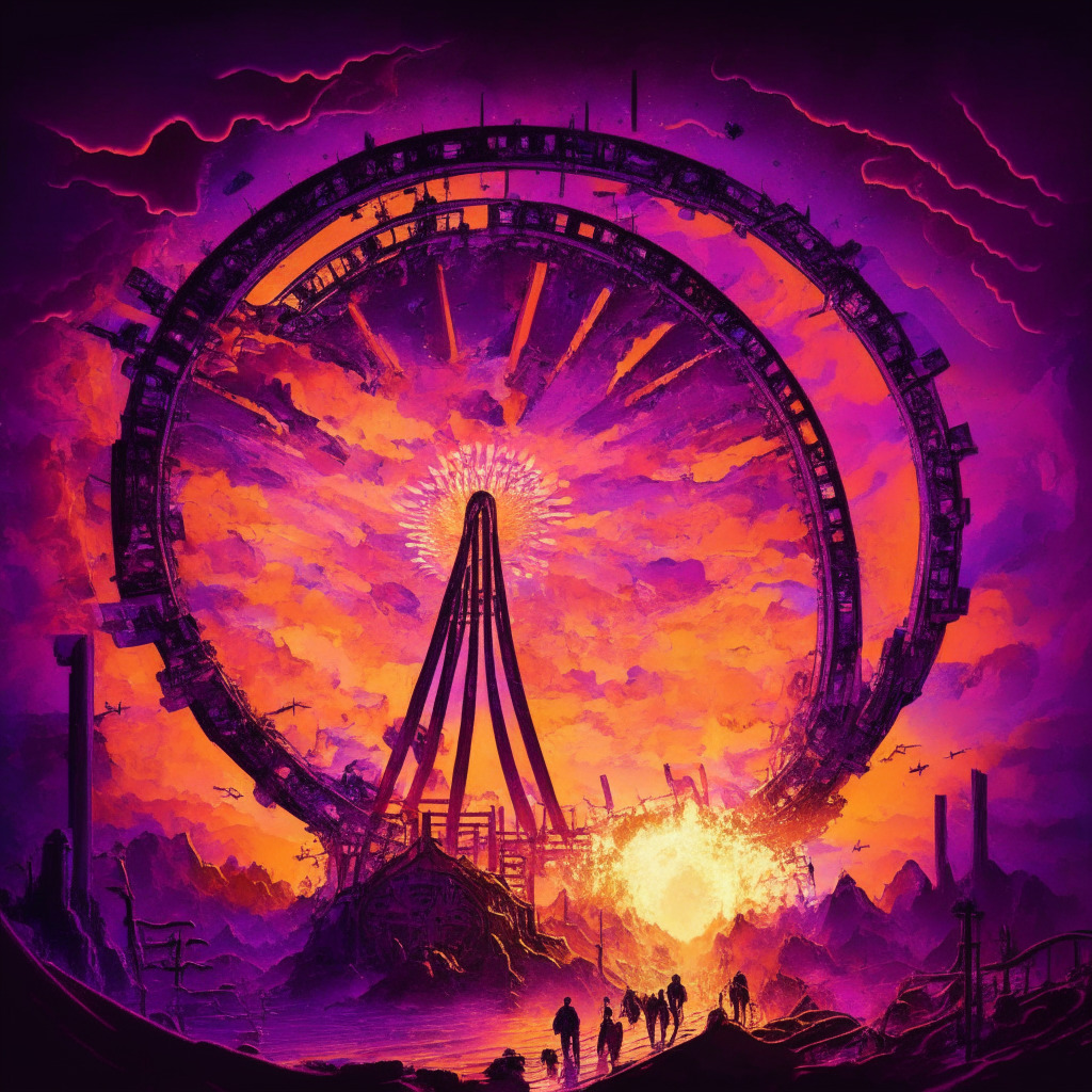 An abstract cryptocurrency world at sundown, filled with dramatic hues of a falling sky - purples, reds, and oranges. At the center, a Bitcoin logo on a rollercoaster ride, encountering both euphoric highs and gripping lows. The overall atmosphere exudes tension, uncertainty, and adventure, mirroring the dynamic suspense and volatility in cryptocurrency markets. Add a dash of chiaroscuro for dramatic effect.