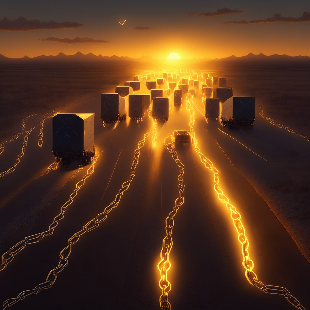 Digital depiction of a symbolic migration process, multiple symbolic chains representing Solana, Polygon and Ethereum with y00ts' symbolic container moving along Hopper-like desolate highway between them basked in a setting sun’s dusky glow, theme veered towards dramatic chiaroscuro with an underlying tension.