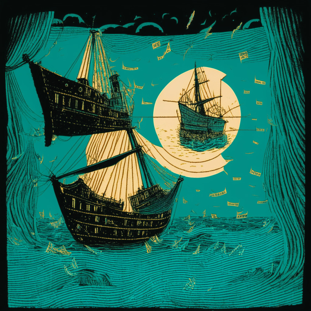 A scene depicting a sinking ship in turquoise waters during sunset, stylized in a semi-abstract manner, representing bankruptcy. A solitary figure on one end of the ship, illuminated by moonlight, performing a delicate dance symbolizing the exchange, while densely scattered golden coins, representing assets, float around. The tendrils of a safety net, made of woven law texts, subtly emerge from the deep waters hinting at prevention, signalling hope and uncertainty. A far-off Dubai skyline to symbolize the location, bathed in soft twilight.