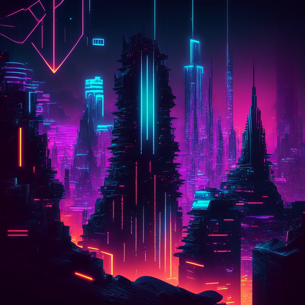 A vivid, futuristic cityscape aglow in neon lights referencing cryptographic symbols, blockchain nodes and digital currencies, rendered in a cyberpunk aesthetic. The image should exude a sense of intrigue, possibility and excitement, but also include elements hinting at challenges or controversies. Various city landmarks hint at key events, such as a bold beacon representing innovators, shadows for scandals, bright billboards for promising partnerships, and a labyrinthian city layout referencing the complex cryptosphere. A light setting of twilight effectively balances the bright neon, and murkier shadows, symbolizing potential promise and lurking pitfalls. Mood to be simultaneously thrilling & thoughtful.