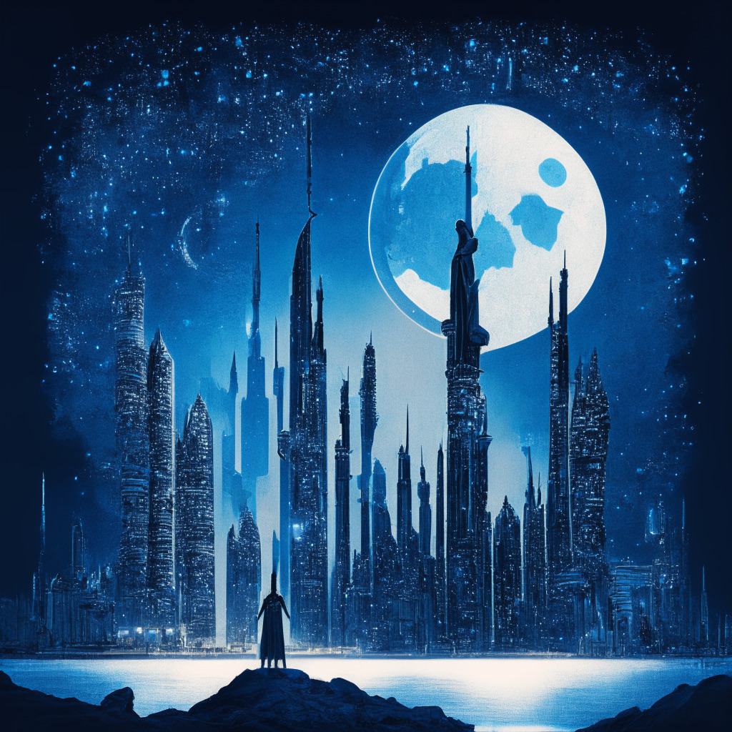Dubai cityscape at dusk, Gothic art style, gray and blue palette, Ethereum coins floating like stars. A titan figure, embodying Laser Digital, holds a dazzling permit amidst skyscrapers symbolizing approval from VARA. A balance scale sits forefront, depicting the battle between innovation and regulation, subtly illuminated, conveying a mix of intrigue and expectation.