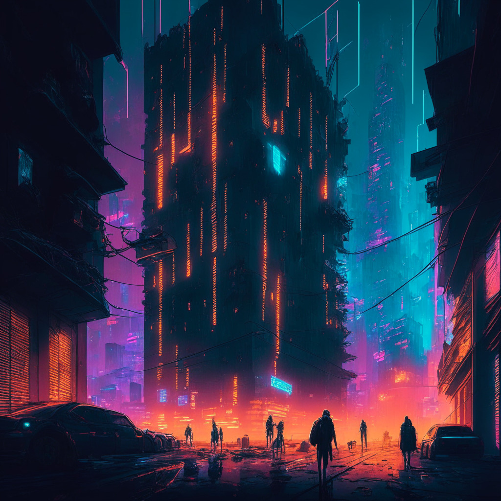 A neon metropolis powering down as dawn breaks, transparent links forming an intricate blockchain wrapping around buildings, representing the revolution. Some parts of the city glow with vibrant hope, others shrouded in shadow symbolizing skepticism. Pedestrians holding glowing coins symbolize cryptocurrency, while in other parts, broken chains represent potential pitfalls. A seamless blend of cyberpunk reality and classic fine art, capturing the intriguing balance of optimism and doubt.
