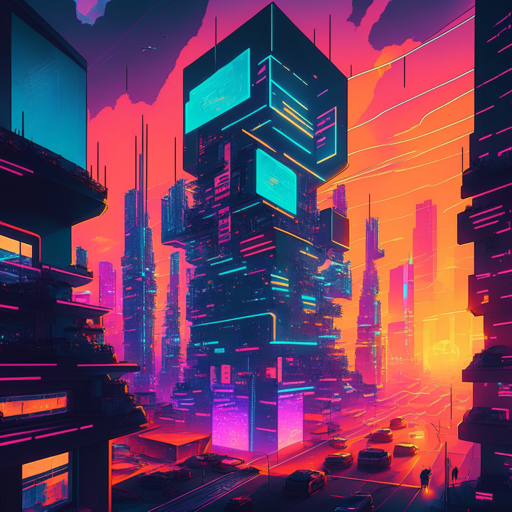 Sunset in a bustling metaverse city, highlighted by futuristic architecture and glowing neon lights, radiating a vibe of innovation and uncertainty. Unseen crypto-assets float like holograms alongside ambiguous shapes signifying adventures and challenges. A digital bank is transformed into a towering edifice and a game grid depicting food wastage is visible, imparting an air of social consciousness. Images of legal scales and blonde courtroom wigs hint at legal complexities. A grand prix racetrack with ticket-shaped NFTs signify both mainstream acceptance and hesitation. The essence of a synergy, e.g., a handshake or intricate gear mechanism, shows the importance of collaboration. Lastly, include identifiers of USA and Luxembourg, and a power off symbol for staking service, showcasing regulatory uncertainties. Artistic style: Cyberpunk infused with surrealism.