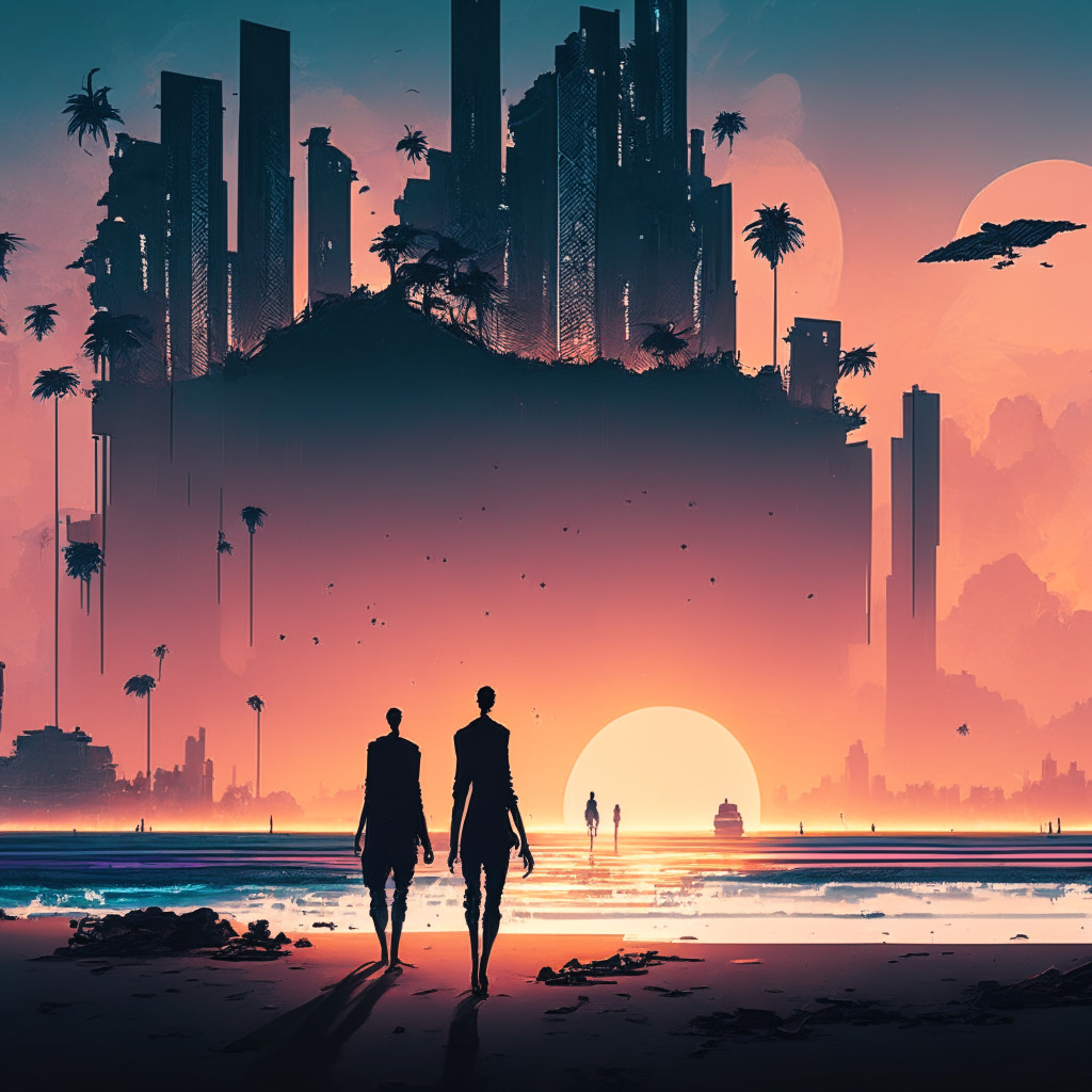 A futuristic Singaporean cityscape at twilight, infused with cyberpunk vibes. The silhouette of a man striding confidently, casting long shadows, symbolizing a controversial figure, spheres made of blockchain visualizations hovering beside him illuminating his path. In the distance, a crumbling structure, symbols of a devastated financial ecosystem. A luxurious beach scene juxtaposed, underlining stark contrast. Mood: mixed emotions of resilience, defiance, and ambiguity.