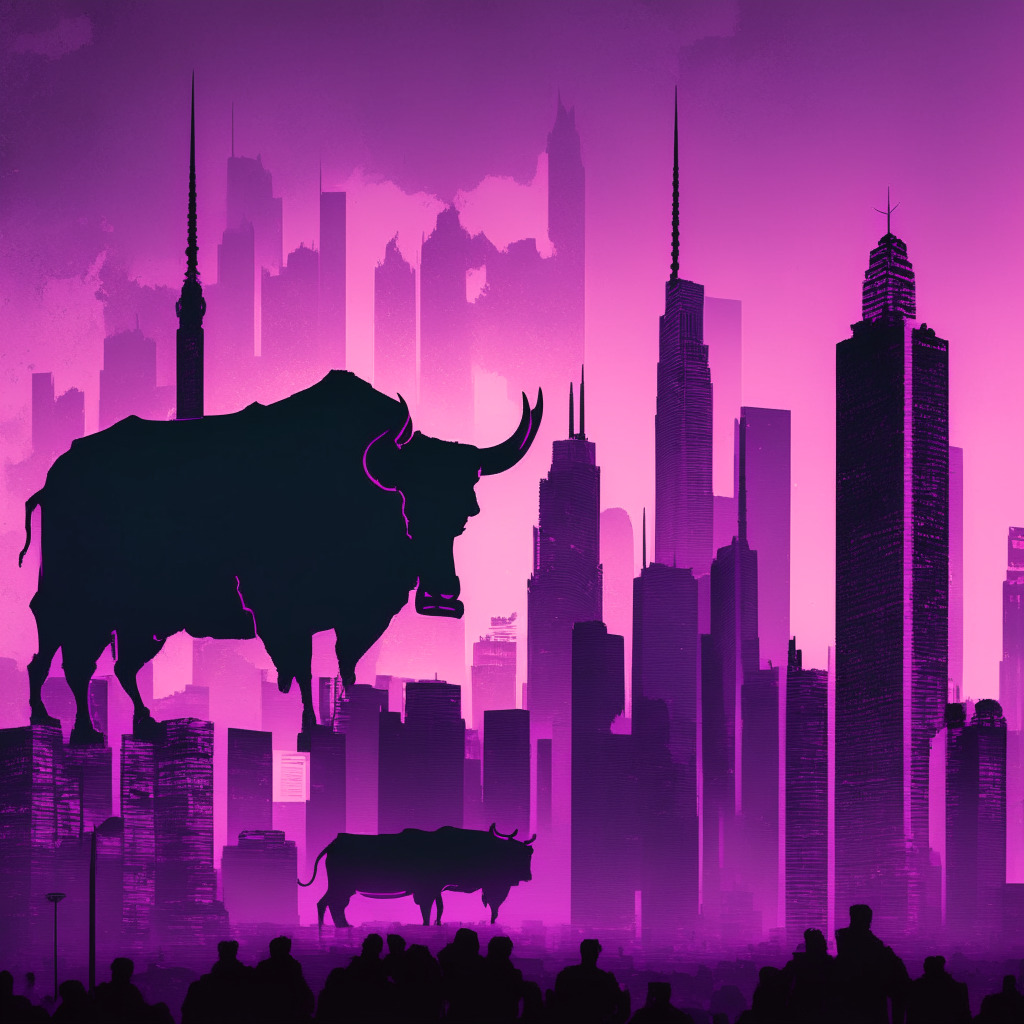 A twilight skyline over a bustling Asian metropolis, draped in hues of muted pink and purple. Front and center, an ever-watchful Bull and Bear, stark in silhouetted contrast, symbolize the volatility of the market. Distant skyscrapers fade into ghostly apparitions, indicating economic uncertainty. On the periphery, a golden bitcoin symbol shines amidst the gloaming, its luminescence suggesting an alternative refuge as the city below pulsates with tensions and aspirations. Mood: cautious optimism in the midst of heightened suspense.