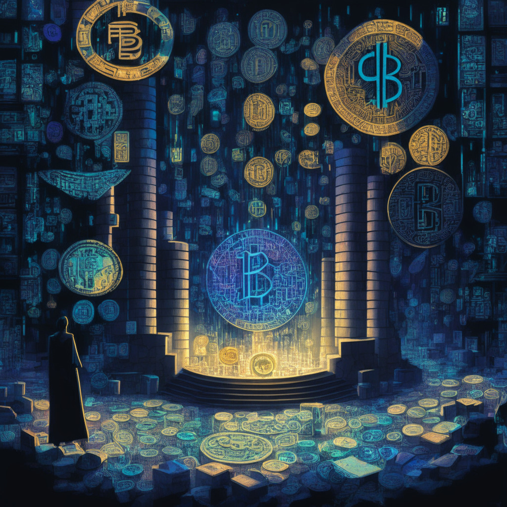 A digital mosaic, illuminated with a dim, mysterious light, in an array of cool hues, setting a mood of intrigue and anticipation. In the foreground, a myriad of illustrated tokens, labeled with symbols of various cryptocurrencies like BNB, ADA, and SOL. In the background, an emblematic representation of the SEC lurking, casting a considerable shadow. This scene embodies the evolving regulations in the cryptosphere.