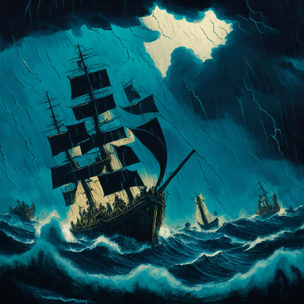 A visual representation of the recent crypto storm, set against a gloomy Palaeolithic style backdrop. Feature prominent cryptocurrencies, personified as ships, sinking in a turbulent ocean, each under a torrential rainfall of numbers that signify their value change. Show traders as sailors trying to navigate the storm, clinging to contracts acting as lifebuoys. An ominous sky painted in expressionist style above, representative of uncertainty and volatility.