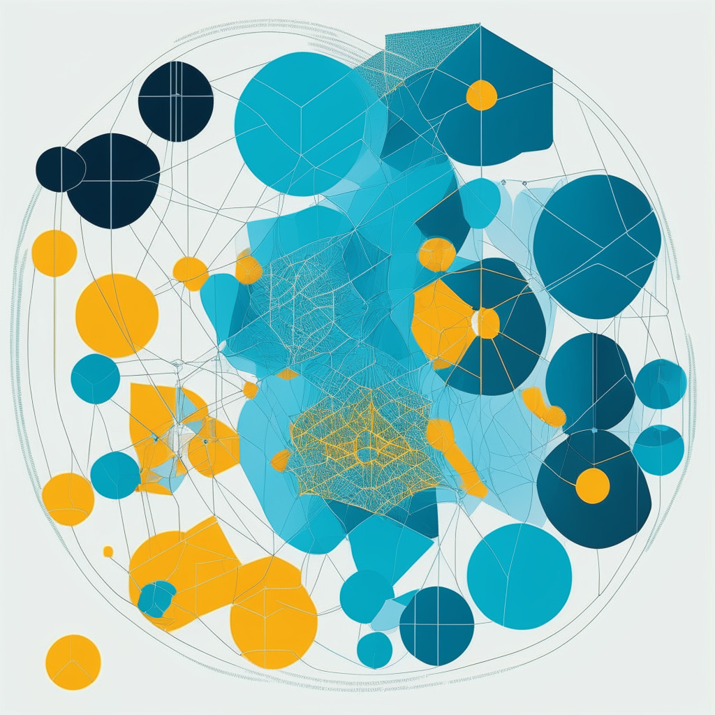 An abstract representation of a tense digital marketplace, bathed in hues of mango and muted stark blues hinting at uncertainty. In the center, visualize a transparent blockchain surrounded by contradicting forces: delicate legal scales on one side, resistant tokens on the other, suggestive of financial and regulatory battles. Incorporate fluid lines connecting varying components, representing interconnectivity. Contrast sharp geometrics with an ethereal background to depict the juxtaposition of tech complexity and its elusive regulations.