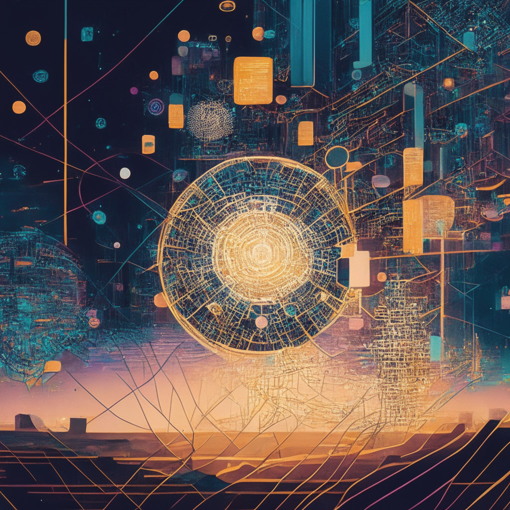 An abstract digital landscape showcasing the complex realm of web development in the crypto universe, dawn light revealing a web of intricate tools symbolizing cryptocurrency trackers, secure payment gateways, and data analytics dashboards, cast in a surreal, impressionist style to signify its AI-driven creation. The image reflects uncertainty, possibility and innovation, portraying the volatile but progressive journey of AI-powered crypto web development.