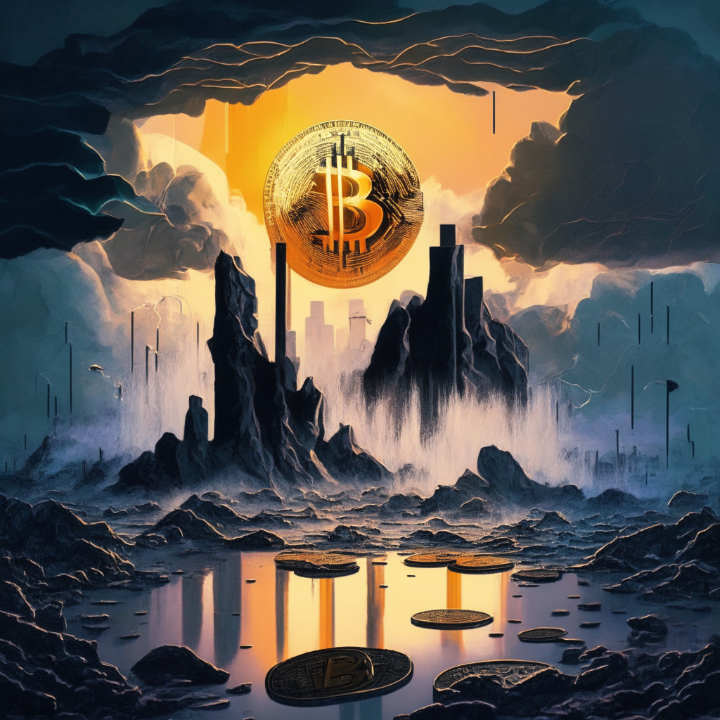 Surrealistic digital landscape symbolizing the tumultuous nature of cryptocurrency market, Bitcoin sinking with a directional light casting an ominous shadow, other coins like Monero, Optimism, Sonik Coin, Wallstreet Memes and Rollbit Coin, ascending, embodying resilience against stormy backdrop. Scene suffused with hues of uncertainty, yet streaks of hopeful dawn peeping from skyline.