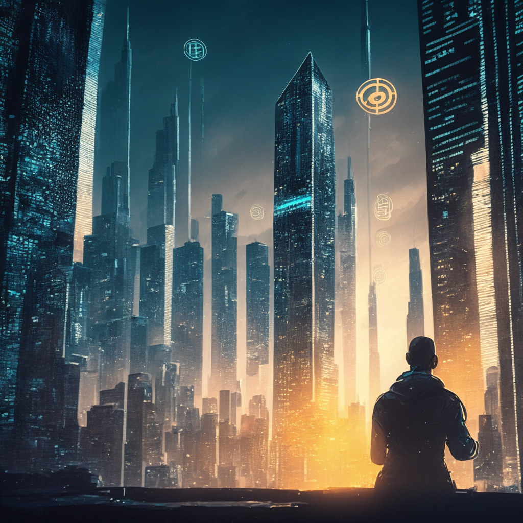 A moody, turbulent scene set in a futuristic metropolis at twilight. Skyscrapers are adorned with abstract representations of fluctuating cryptocurrency graphs. Hovering among buildings, a cyborg making confident decisions, symbolizing active trading. In one hand, a secure lock symbolizes self-custody, and in the other, diverse coins representing diversification. Delicate beacons of light illuminate Ethereum and Bitcoin logos, signifying high-conviction bets. The skyline melts into a bear market, with a protective shield embodying safety tools. The style should evoke impressionist moodiness, emphasizing the chaotic beauty of cryptocurrency trading.