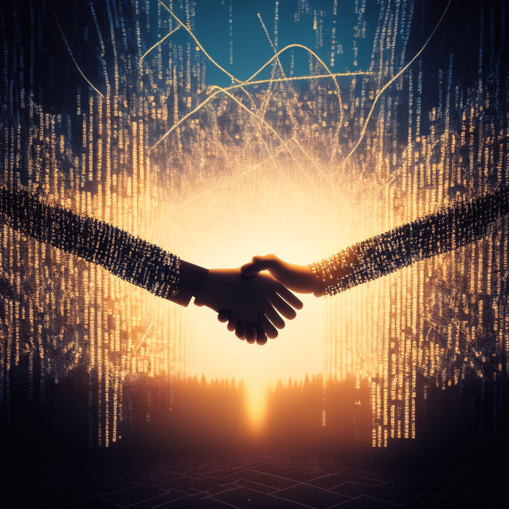 An ethereal, stylized image of a digital handshake being formed from strings of binary code, against a soft backdrop of a regenerative dawn, casting long shadows over a series of labyrinthine bureacratic documents. The image is illuminated with soft light, embodying the mood of a fresh beginning, yet overlaid with a subtle hue of complexity showing the intricate interplay between regulations and the innovative, borderless world of cryptocurrencies, marking a new dawn in political fundraising.