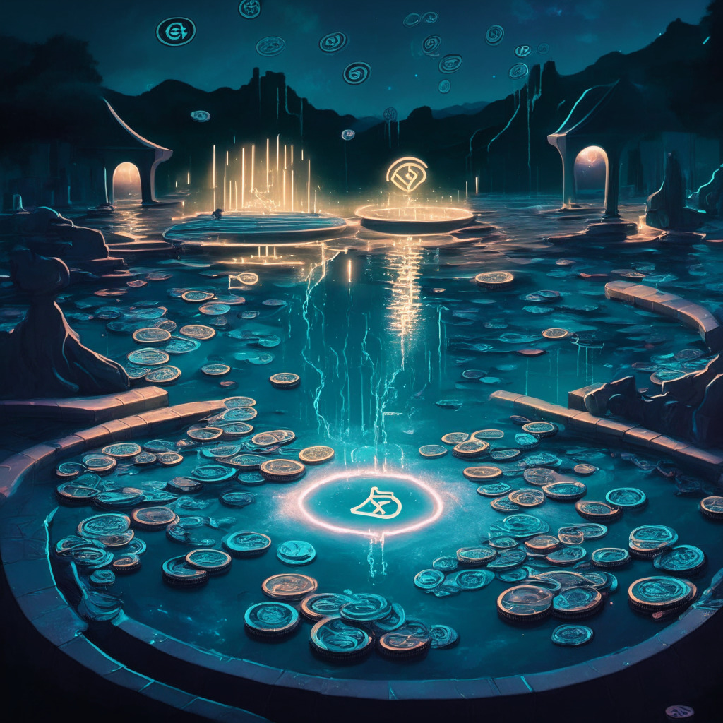 Late evening view of an abstract crypto-market scene representing stability, a giant pool in the center with liquidity swirling, under a sky of diminishing, glowing CRV tokens. Added to the scene, a magnet symbol, attracting streams of capital from the surroundings to the pool, to depict APY reduction. Mood is tense anticipation.