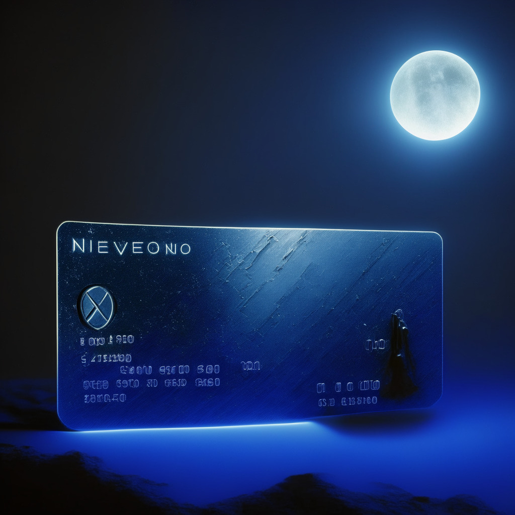 A cutting-edge cryptocard under cryptic moonlight, reflecting the triumphs and falls of Nexo's Dual Mode Crypto Card. A double-edged sword dividing the debit and credit features, complemented by the contrasting shadow of regulation. Implied potential for revolutionizing personal finance against a backdrop hinting at contentious tax and legal challenges.