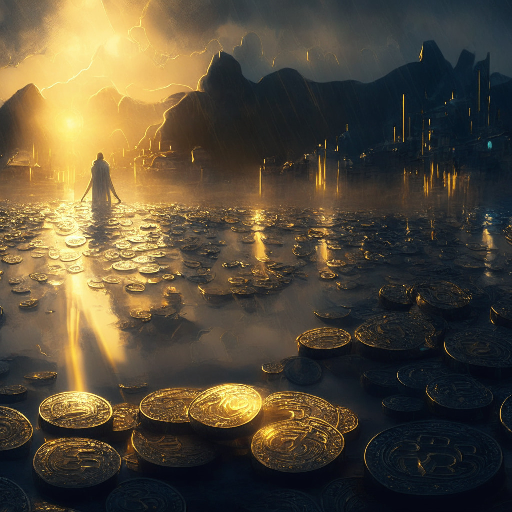 A digital landscape illuminated by the fluctuating values of a grand, gold and silver Solana coin glittering amidst a tempestuous, twilight market. Gilded rays portray the coin's sharp recovery and potential rebound, while deep, moody blues capture market tension and uncertainty. Short-term obstacles surface as jagged rocks. Faint outlines of presale tokens sprinkle the background, adding intrigue and risk.