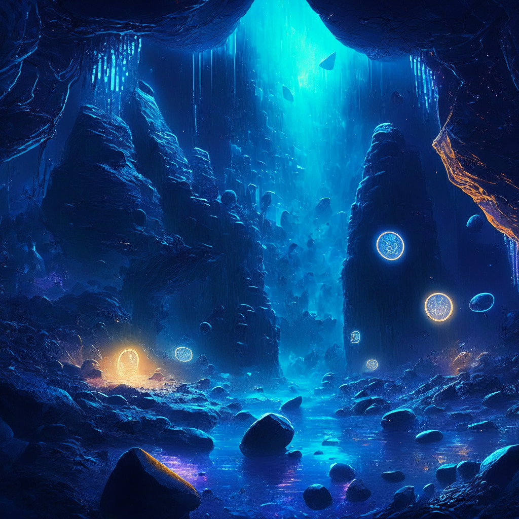 An unknown corner of the cosmos filled with rising and falling cryptocoins under streams of cosmic lights, symbolizing high risk/reward opportunities in the crypto frontier. Artistic style: Futuristic, Mood: Exciting yet foreboding, Light: Bright neons against deep, dark blues. The scene creates a sense of immense volatility and intrigue in the volatile universe of cryptocurrencies.