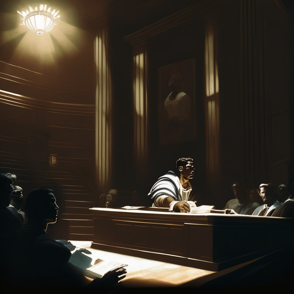 A dimly lit, classical courtroom setting, reminiscent of a Renaissance painting, with shades of painting styles from Caravaggio's chiaroscuro. The mood is tense, anxious. In the center, a delicately crafted, shimmery NFT card under a spotlight, depicting an NFL player in motion. Poised on one side, a digital representation of Panini, on the other, a form of Fanatics. Each casts long shadows, wrapping an intricate maze. Light streams in through a high window, hinting at looming uncertainty while illuminating a Pandora's Box on the table ahead, its lid partially open, releasing a wisp of flurry hinting at unknown outcomes.