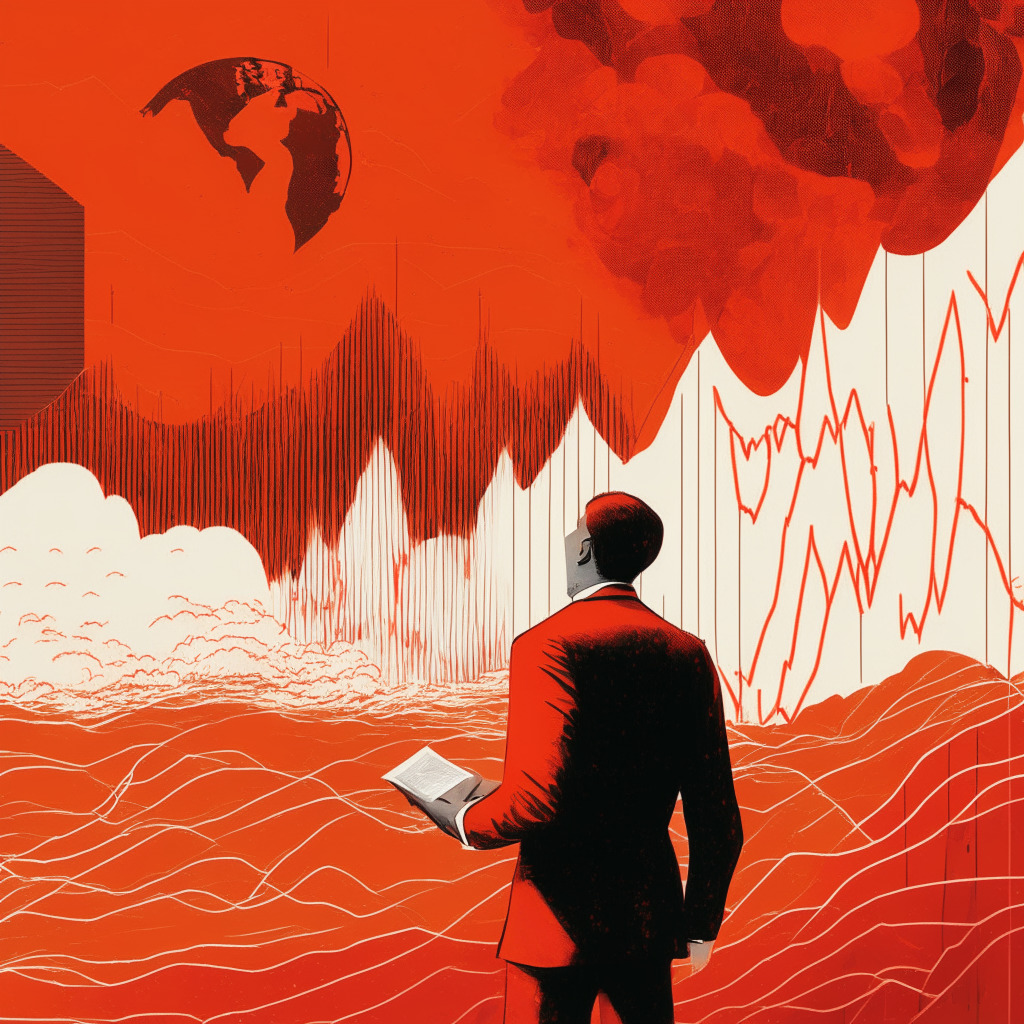 An investor intently navigating a sea of volatility in a grayscale landscape, showcasing the unpredictable nature of the Bitcoin market. The sky filled with dorsal fin-like line graphs in hues of reds, oranges, and whites reflecting the market trends. Without signs of human presence except for the investor, symbolizing the distance from conventional trade systems. The pièce de résistance - a bright, unstructured, yet harmonious DAO utopia across the sea, filled with optimistic colors, representing a new hope in the crypto world. Displaying a balanced mix of wellness spaces, symbolizing the potential of Web3 based project for community building vs. denoting investment strategies. The scene can be captured in a distinct Cubist style, highlighted with chiaroscuro light effects creating a contemplative mood.