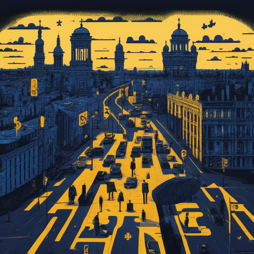 Dusk settling over a crossroads in a European cityscape, highlighting the iconic architectural style of Ukraine. In the center, a large EU flag billows gently, intricate patterns of crypto icons woven into the fabric. Figures representing different crypto startups stand ready at the road junctions, some looking wary, others determined. The overall mood is tense and anticipatory, overlaid with an air of cautious excitement. Soft shadows cast by the sinking sun create a sense of depth and complexity. The air vibrates with the silent hum of digital transformation, the entire scene painted in a composition reminiscent of a delicately balanced 19th-century Romantic landscape.