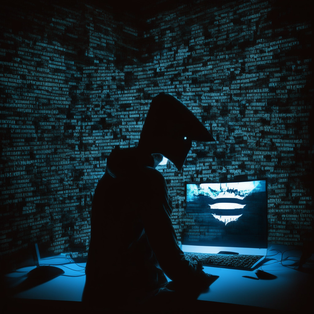 An artistic representation of a dark, dangerous digital landscape transformed into a battlefield. The focus is on a user being enticed by a brightly lit, deceptive screen, representing a phishing scam, with a distorted reflection of a legitimate website. Invisible, ominous characters signify hidden cybercriminals. Elements of urgency, fear, and manipulation introduce the mood of danger and deceit. Preferred style is a mix of surrealism and cyberpunk, with dim, sharp light contrasts creating tension.