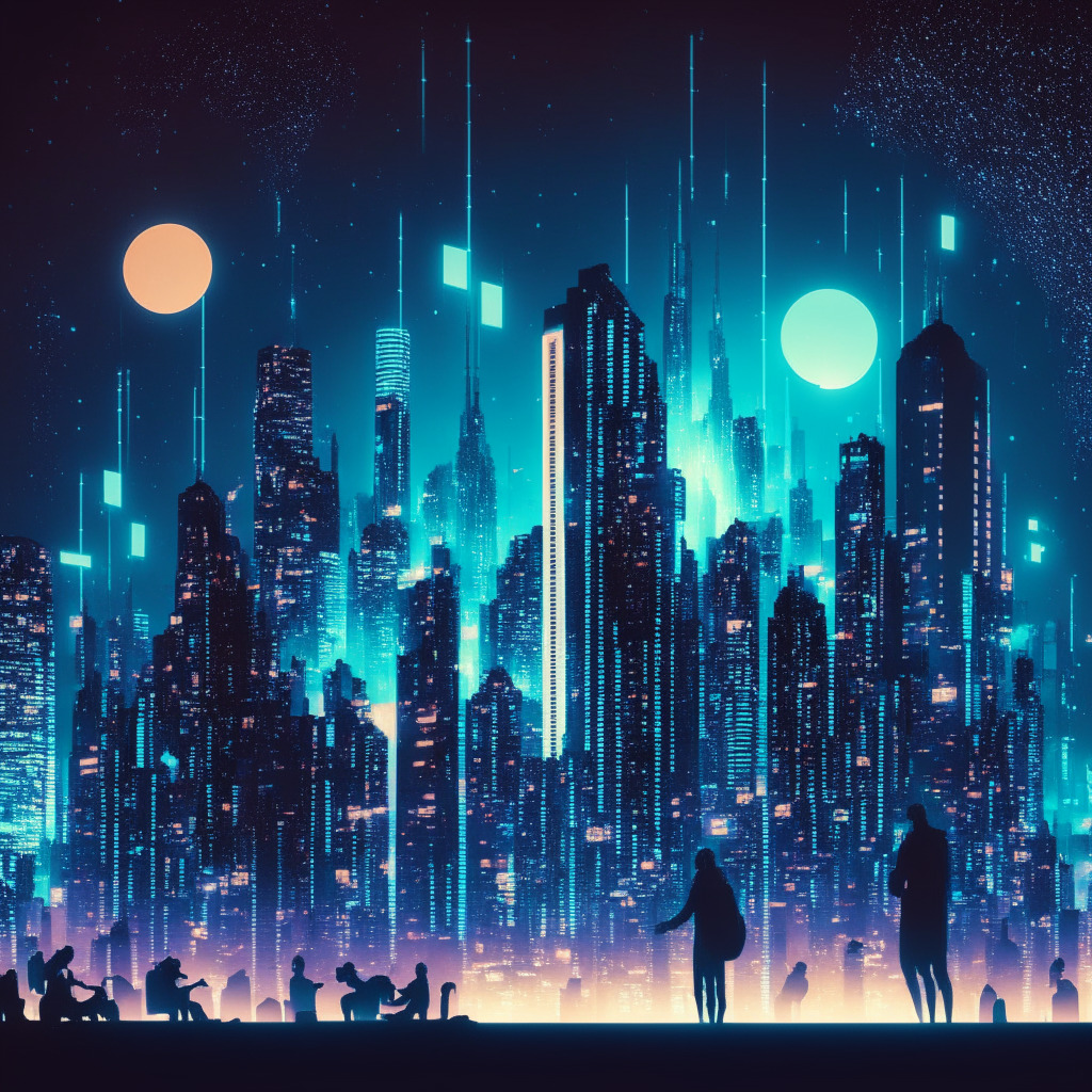A night-time cityscape bathed in soft moonlight, with shimmering skyscrapers, symbolic of a bustling financial hub. In the foreground, a futuristic-looking hub glowing with neon lights hinting at the Cryptocurrencies Hub. People in silhouettes are digitally operating with abstract symbols of various cryptocurrencies, reflecting complexity yet engagement. In the sky, a juxtaposition of a rising sun and an impending storm, signifying the promising yet uncertain future of digital currency integration. A touch of postmodernist art style amplifies the ambivalence, generating an enchanting yet mysterious mood.