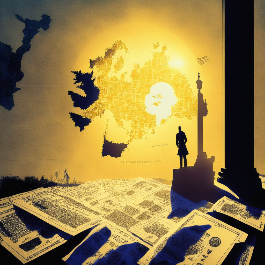 Cryptocurrency exchange platform shifting operations from Belgium to Poland amidst regulatory changes, under the cold gleam of a new dawn. The image is infused with elements of surrealism, evoking a sense of tension and anticipation. It includes legal documents, digital assets, and a map of EU, all cast by harsh morning light, casting long, calculative shadows.