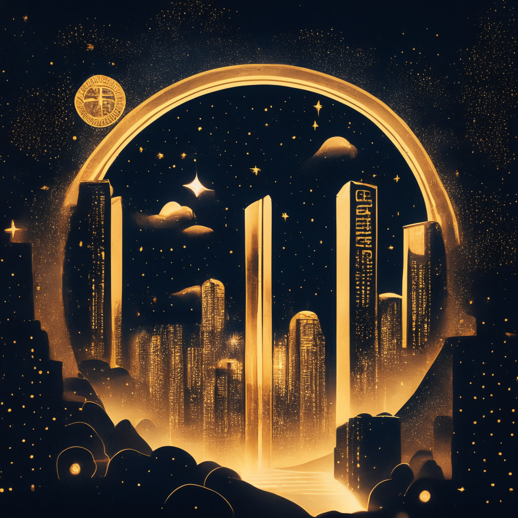 An abstract representation of a Swiss bank (Seba) expanding towards Hong Kong symbolized by a glowing, golden vault door opening towards an oriental city skyline under a starlit sky. Crypto coins and traditional currency floating harmoniously, edgy, modern artistic style, muted light setting creating a mood of intrigue, anticipation and change.