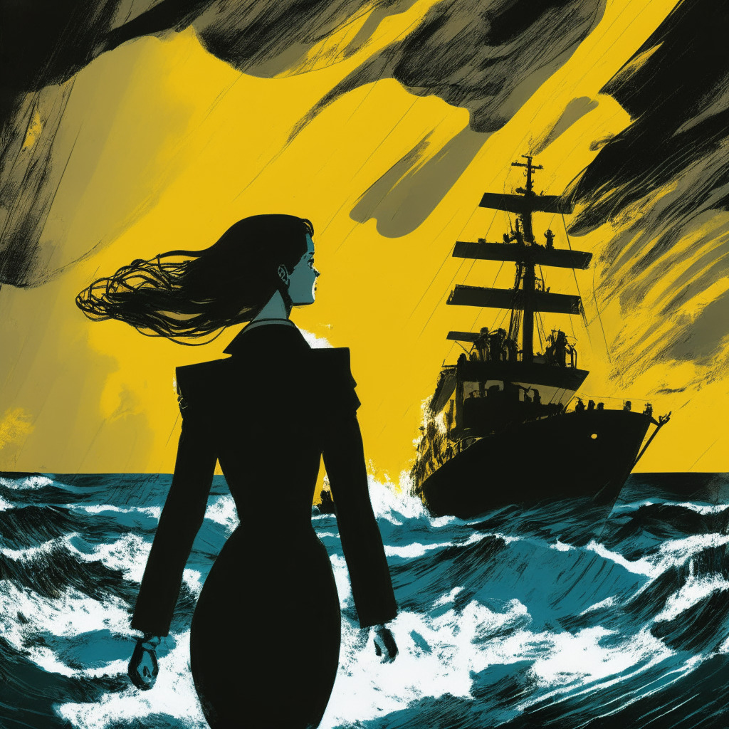 An evolving scene of tumultuous sea with stormy skies reflecting Binance's regulatory challenges, a silhouette of a resilient woman in corporate attire standing at the wheel of a ship symbolizing Kristen Hecht's strong leadership, assertive light setting casting prominent shadows implying the risk and ambiguity, the overall mood tense yet hopeful, executed in an abstract expressionist style.
