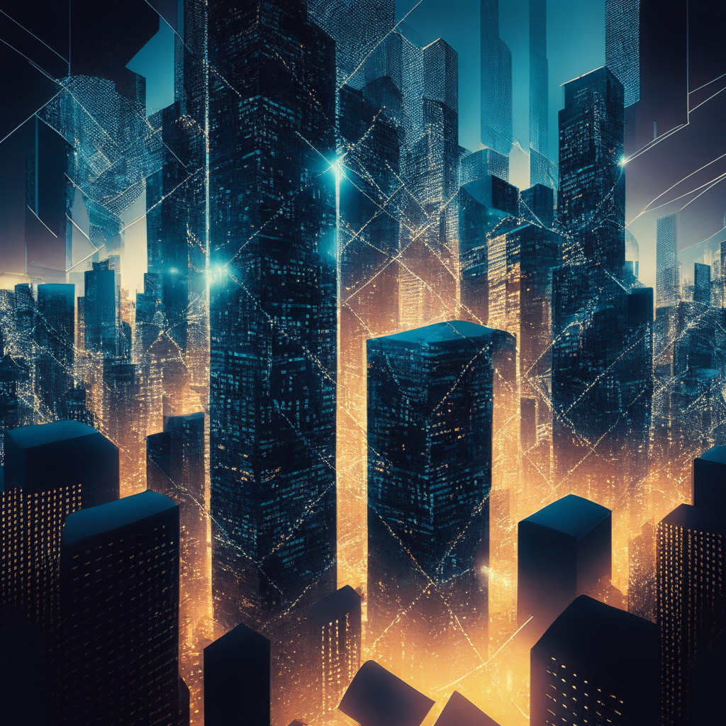A dense cityscape representing the complex blockchain world under a twilight sky, conveying a mood of uncertainty and dynamism. Skyscrapers crowned with symbolic SEC exemption forms, reflecting Maple Finance's achievement. Streets buzzing with accredited investors, carrying glowing cubes representing cryptocurrency. In one corner, an under-construction skyscraper symbolizing potential risks and attacks. Stylistically, incorporate cubist elements for a multifaceted financial landscape.