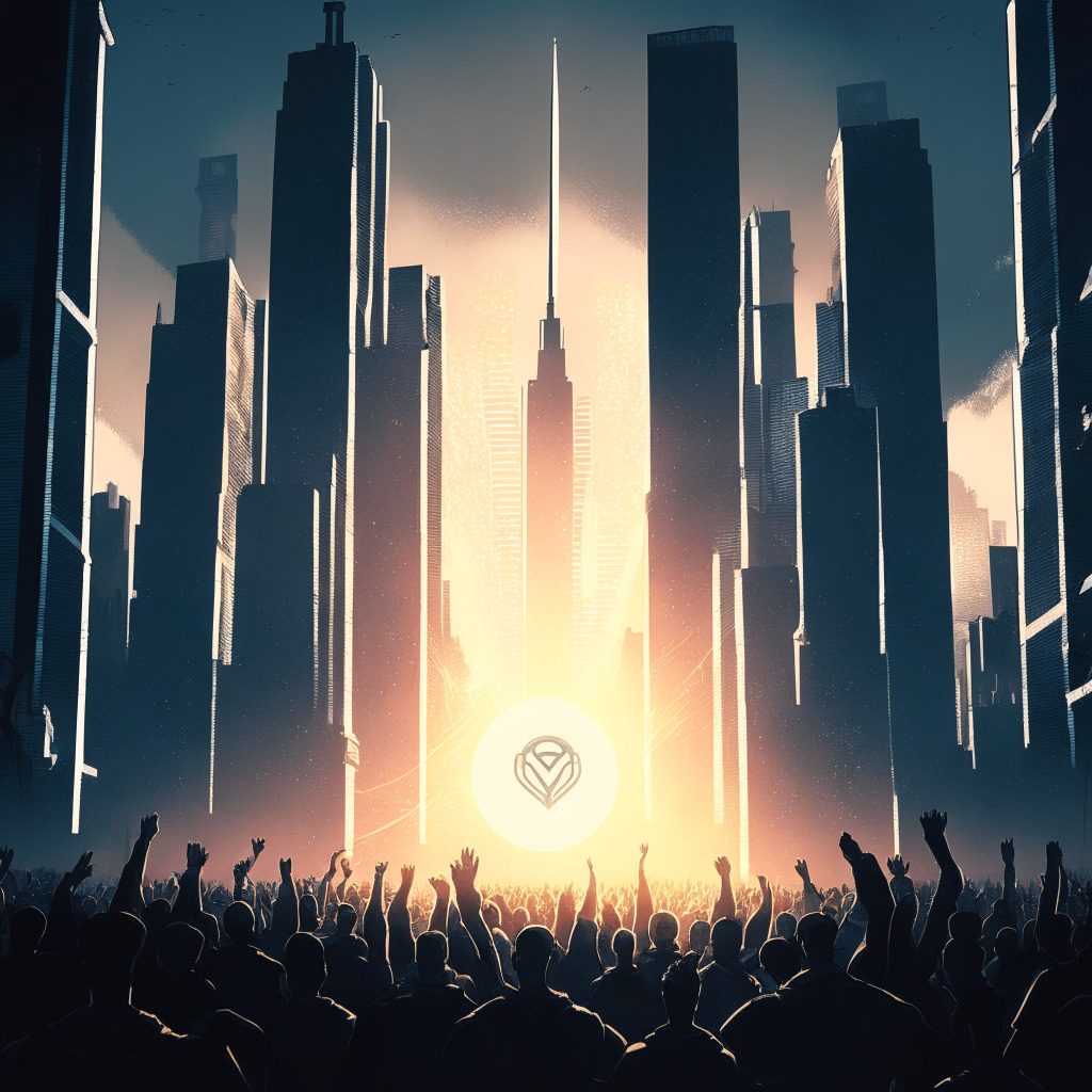 Dawn breaking over a digital city representing the US cryptocurrency industry, Ripple and Grayscale skyscrapers with spotlights of victory piercing the sky, signaling a resurgence. A crowd of diverse figures cheer in relief, their faces illuminated by warm light. Key court figures hold scales, softly lit in ethereal hues, symbolizing justice served. Mood - victorious resilience