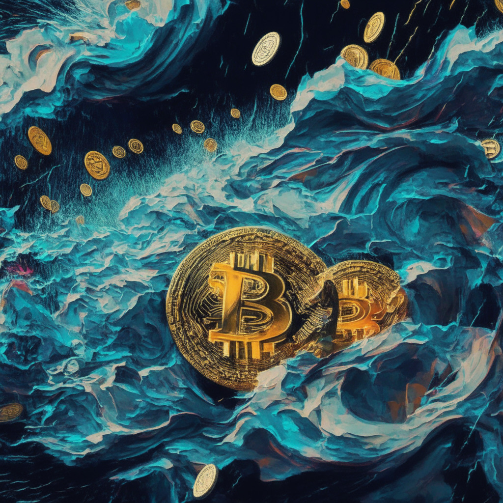 A tumultuous financial storm engulfing large cryptocurrency coins, Bitcoin and Ether, in an abstract artistic style. Depict the sense of uncertainty using unsettling colors and turbulent patterns reflective of rippling markets. Show small, more vibrant coins emerging from the chaotic scene, symbolizing the rise of new 'shitcoins' and potential investments. Capture the feeling of a high-risk gamble, with an overall moody, twilight lighting, and dramatic shadows.
