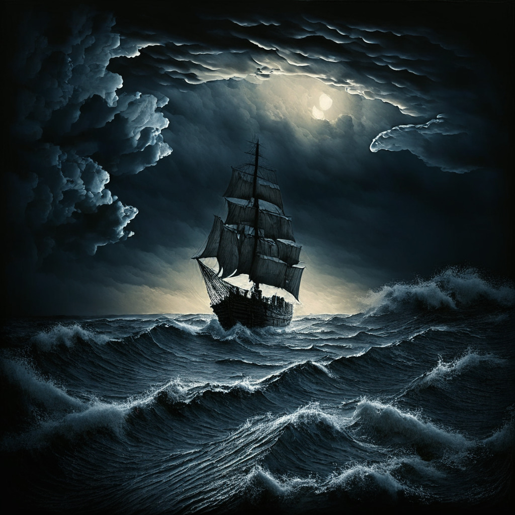 Dark, stormy seas with a solitary sailboat (MicroStrategy) navigating the tumultuous waves, a reflection of its Bitcoin journey. An intense chiaroscuro light setting for the dramatic atmosphere, showing moments of unyielding despair and surprising resurgence. In the backdrop, a silver lining depicting the recovering Bitcoin value. Mood: hopeful, courageous, with a tinge of apprehension.