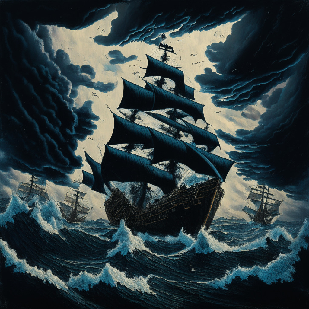 A stormy sea reflecting the tensions within the crypto world, with a large, shadowy ship named 'Crypto Exchange' struggling against towering waves. Splashes resemble tied hands, indicating restrictions and sanctions. The sky, painted in a Dali-esque surrealistic style, is filled with ominous dark clouds bearing inscriptions of global regulatory bodies like 'CFTC' and 'SEC'. Light setting is low, creating a dramatic and threatening mood, symbolizing potential legal turmoil.