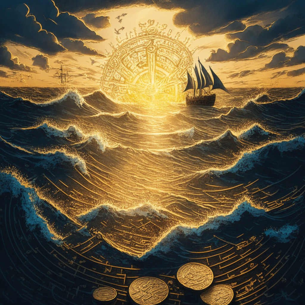 An abstract scene of the high seas representing the tumultuous journey of crypto regulations under UK's newly implemented travel rule. A large army of symbolic crypto coins navigating through a stormy ocean, with the setting sun casting a golden hue, signifying hope, on the horizon. There should be a giant compass, denoting the idea of guidance and regulation, in the hands of an unseen force. Incorporate an artistic Baroque style for drama and a tumultuous mood to reflect the challenges faced.