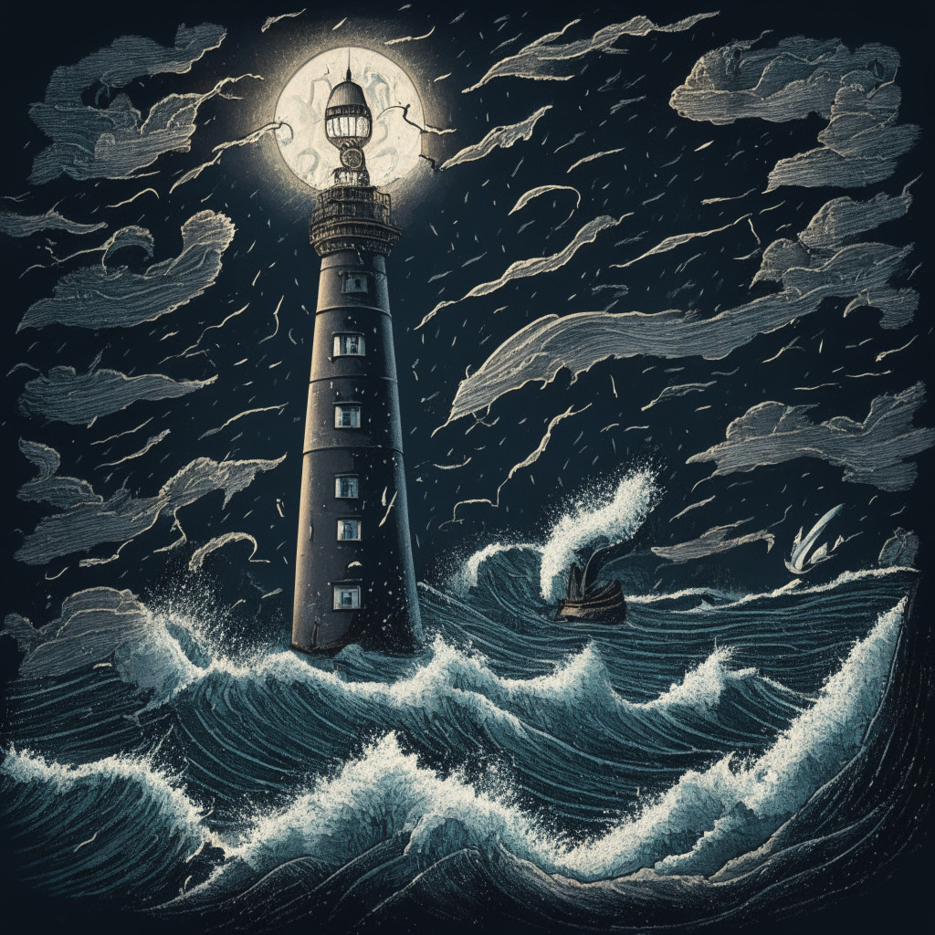 A stormy ocean at night, turbulent waves representing falling altcoins, with various maritime symbols illustrating top trenders like MATIC, SOL, ADA. The sky is dominated by gloomy shades but interrupted by the radiance of a lighthouse (BTC), sinking moon (ETH), and a few shining stars (SHIBARIUM, SNAKE, CBot). The boat navigating these rough waters portrays risky and adventurous traders, guided by the glow of the lighthouse and stars. The overall tone corresponds to a turbulent market mood, with painterly chiaroscuro techniques used to emphasize the light and shadow play.