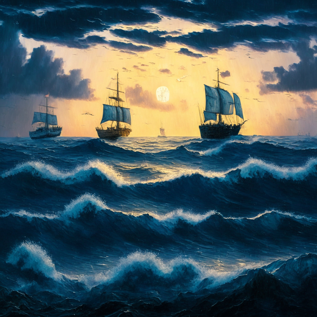 A dusk-lit seascape, with two ships denoting Bitcoin Cash and XRP20 floating amidst imposing waves. BCH, a grand ship, stays steady despite stormy waters, hinting a long voyage. The smaller, spritely XRP20 ship navigates skilfully through placid areas. The overall scene, painted in an impressionistic style, exudes a mood of cautious optimism tinged with uncertainty.